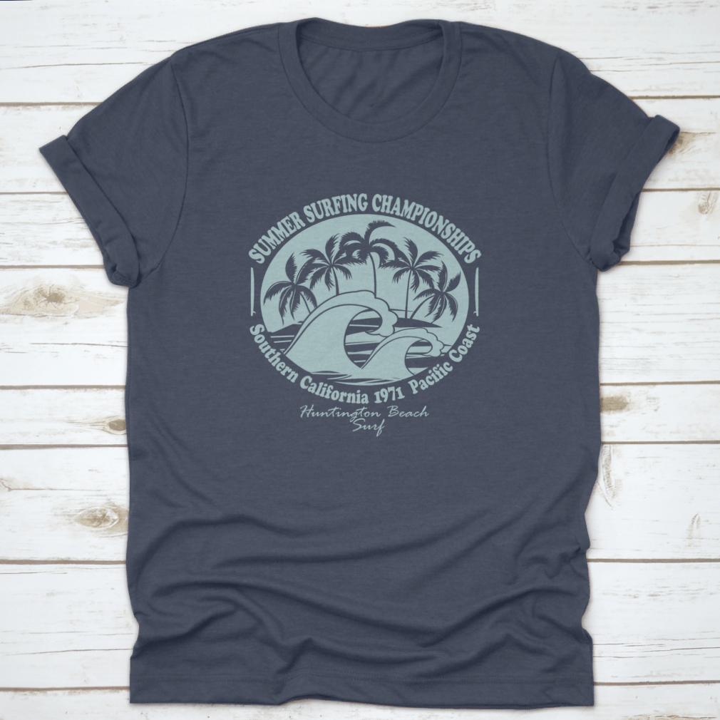 Huntington Beach World Surfing Championship t-shirt displayed on a mannequin, showcasing its classic fit and cotton fabric.