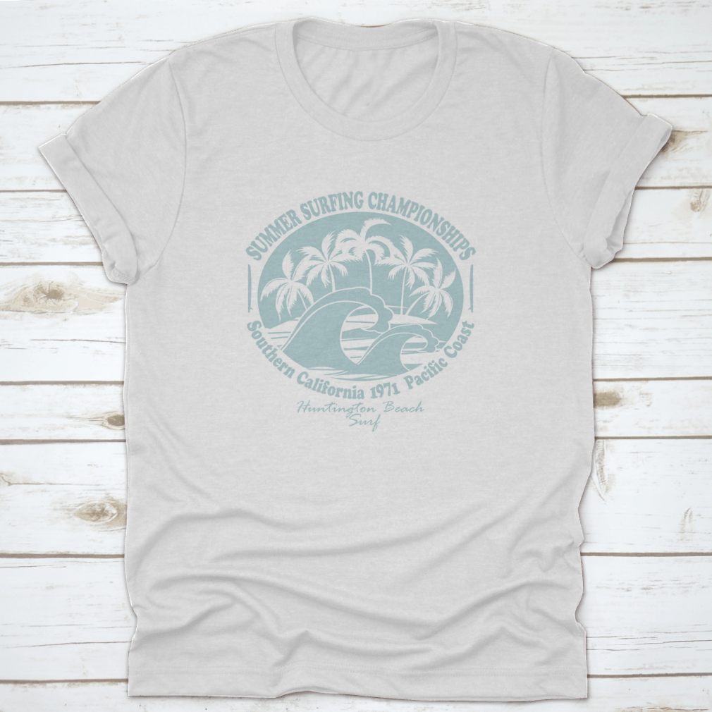 Huntington Beach World Surfing Championship t-shirt displayed on a mannequin, showcasing its classic fit and cotton fabric.