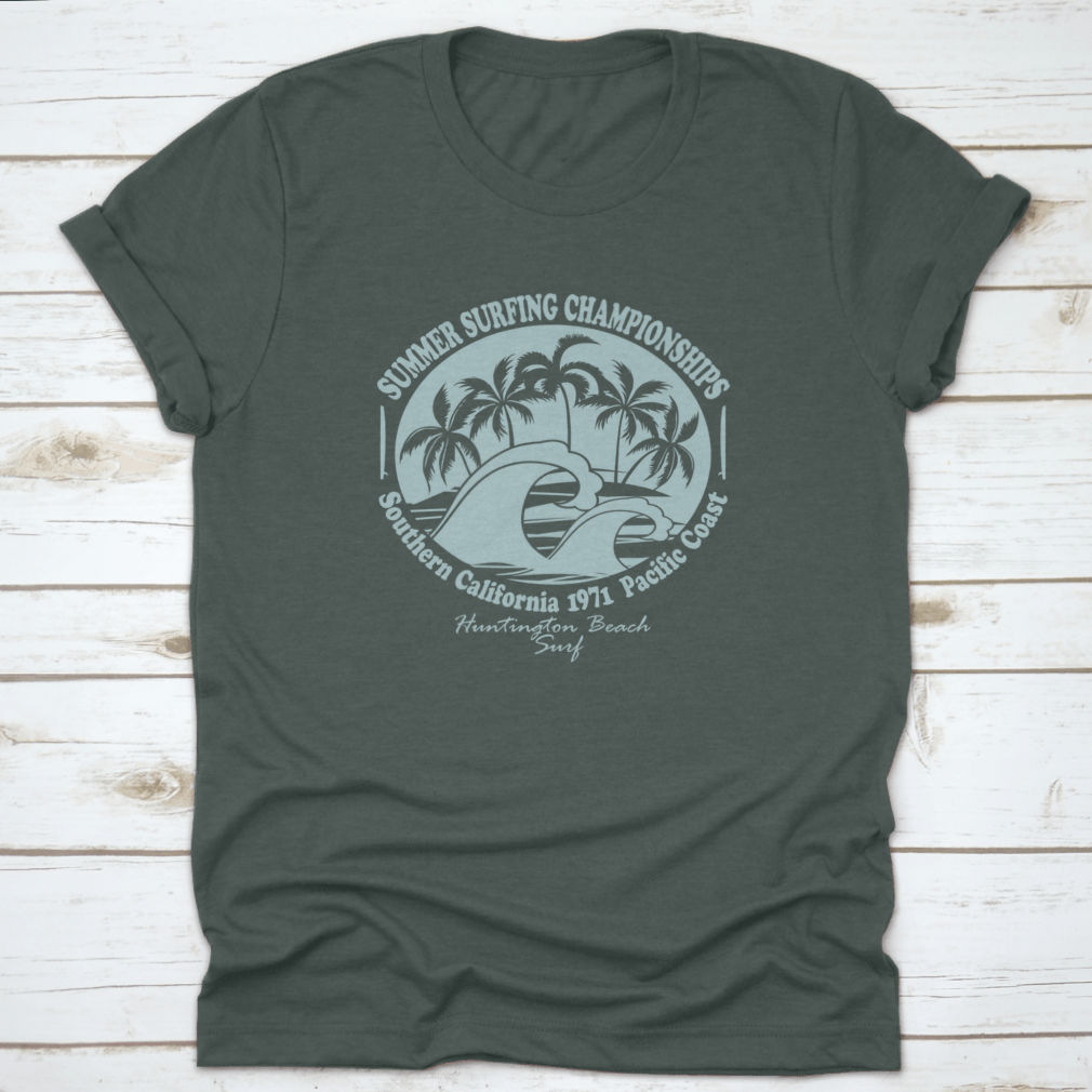 Huntington Beach World Surfing Championship t-shirt displayed on a mannequin, showcasing its classic fit and cotton fabric.