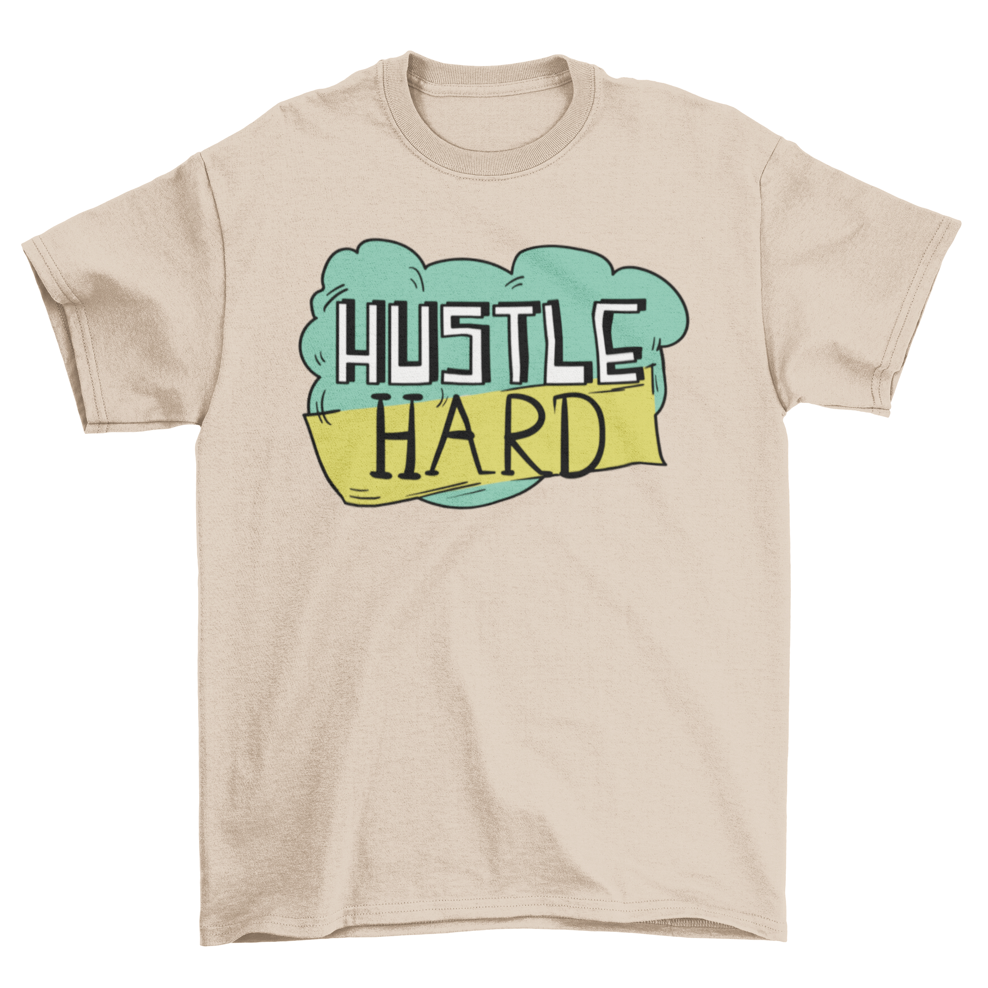 Hustle Hard T-shirt featuring a cartoon design with a green speech cloud and motivational phrase.