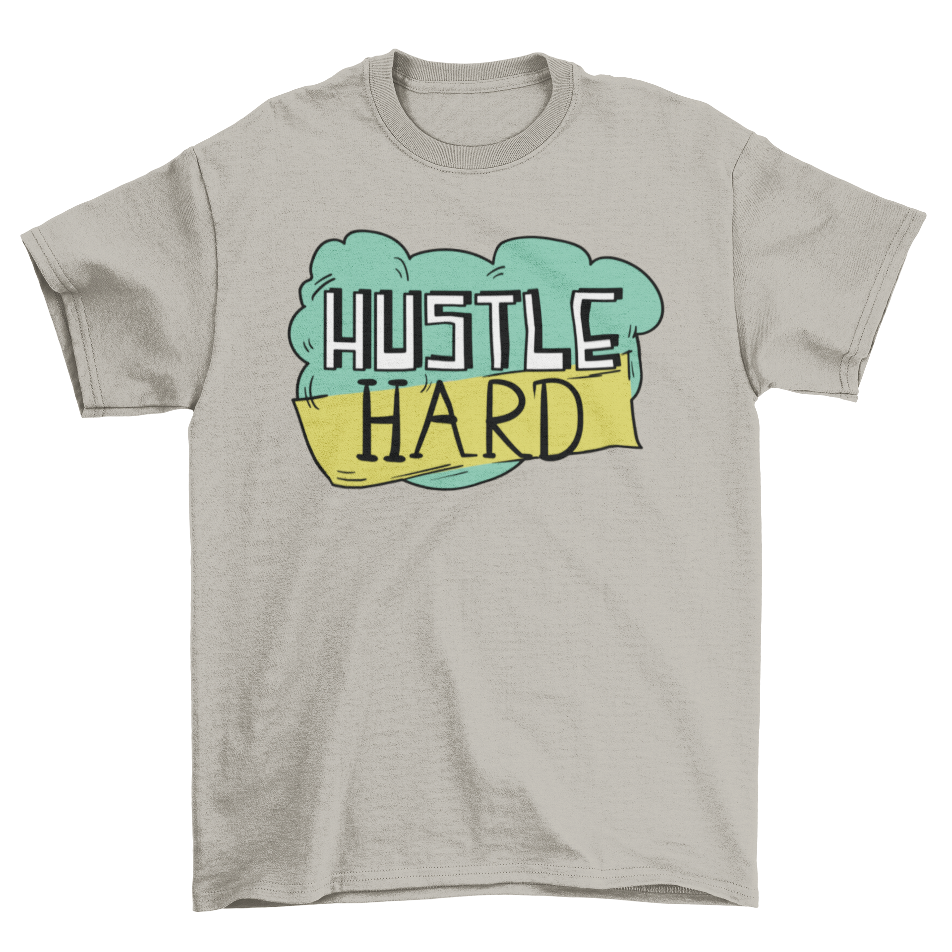 Hustle Hard T-shirt featuring a cartoon design with a green speech cloud and motivational phrase.