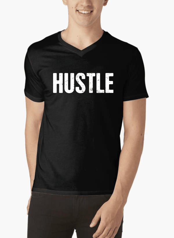 Hustle V-Neck T-shirt displayed in various colors, showcasing its soft cotton fabric and stylish design.