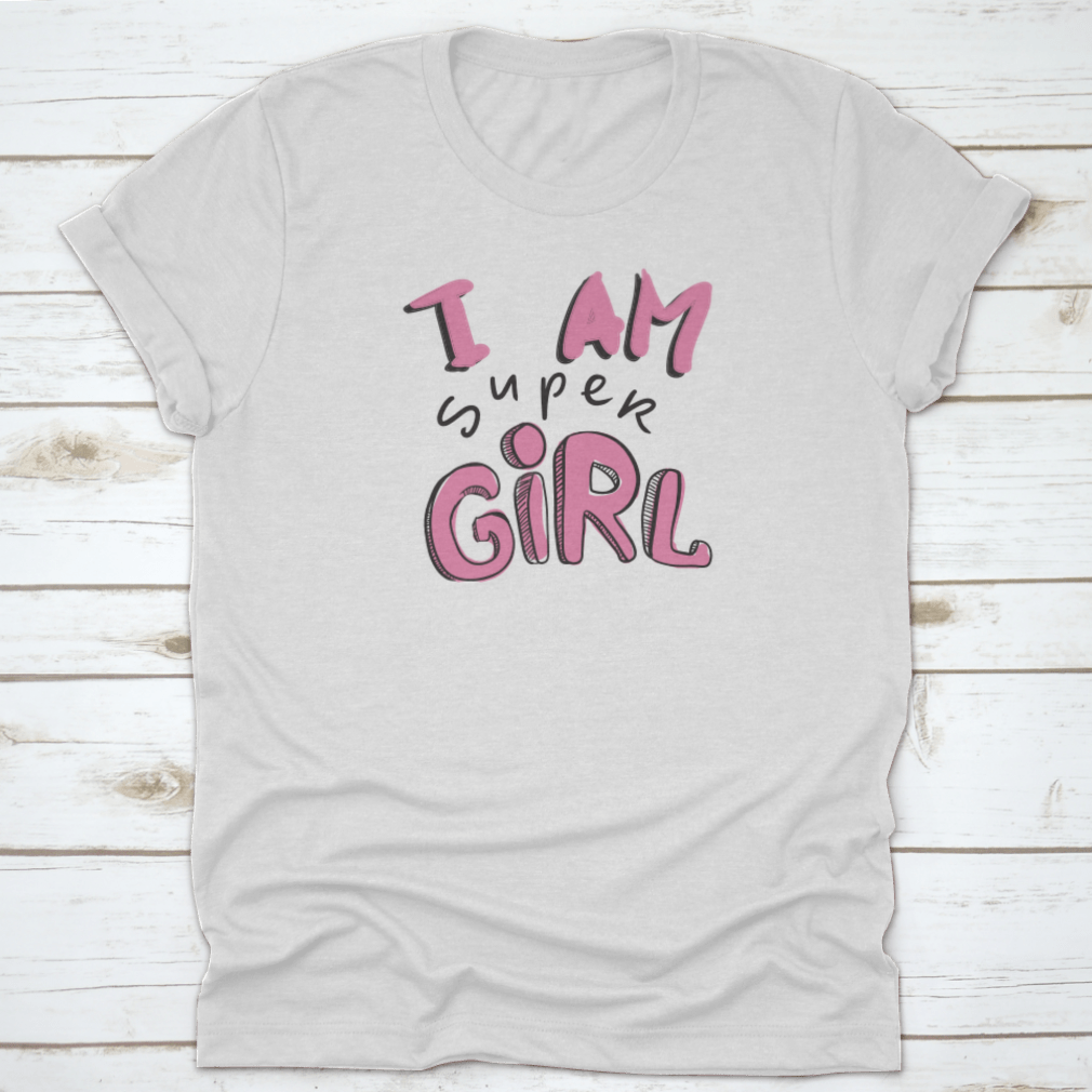 A motivational fitness shirt featuring the quote 'I Am A Super Girl', made from soft cotton fabric, showcasing a classic fit and stylish design.