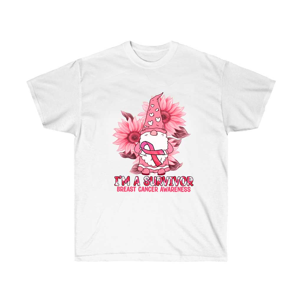 I am a Survivor Breast Cancer Awareness T-Shirt in pink, made from 100% soft cotton, featuring a unisex design and retail fit.