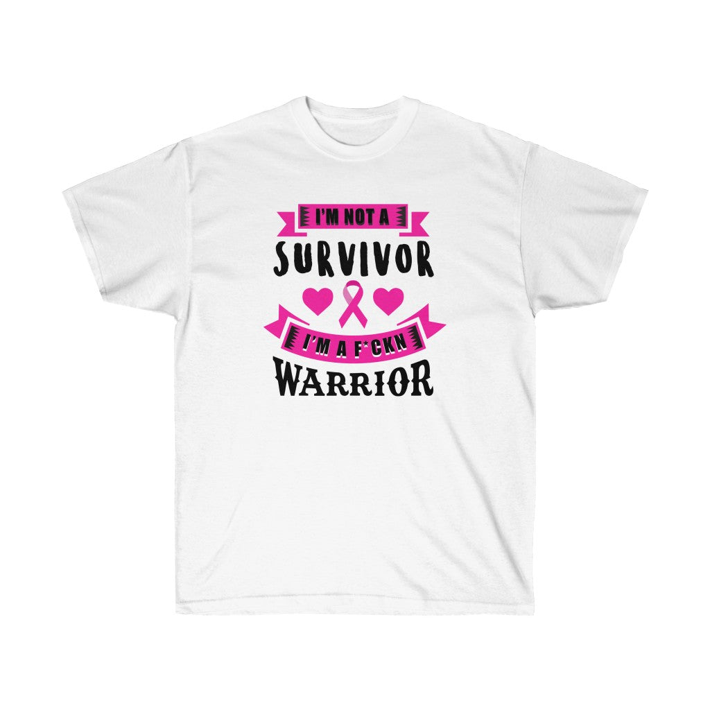 A soft cotton unisex t-shirt featuring the empowering phrase 'I am not a Survivor I am a Warrior' for breast cancer awareness.