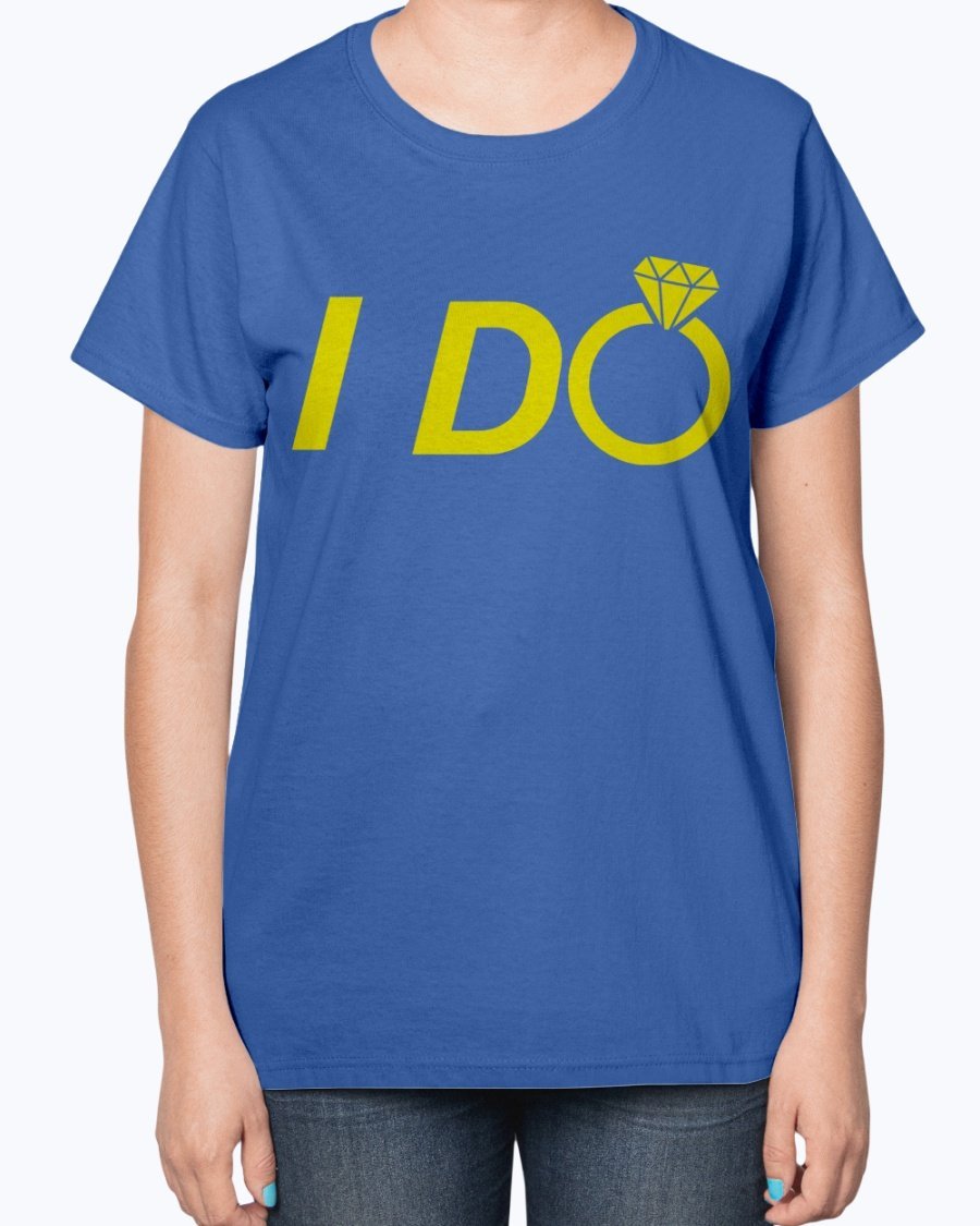 A stylish 'I Do' Bridal and Wedding Ladies T-Shirt featuring a feminine fit and soft cotton blend material, perfect for brides and bridal parties.