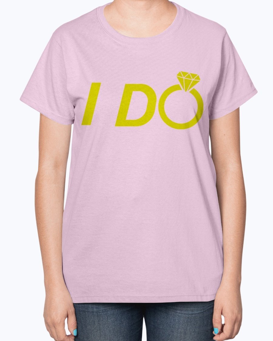 A stylish 'I Do' Bridal and Wedding Ladies T-Shirt featuring a feminine fit and soft cotton blend material, perfect for brides and bridal parties.