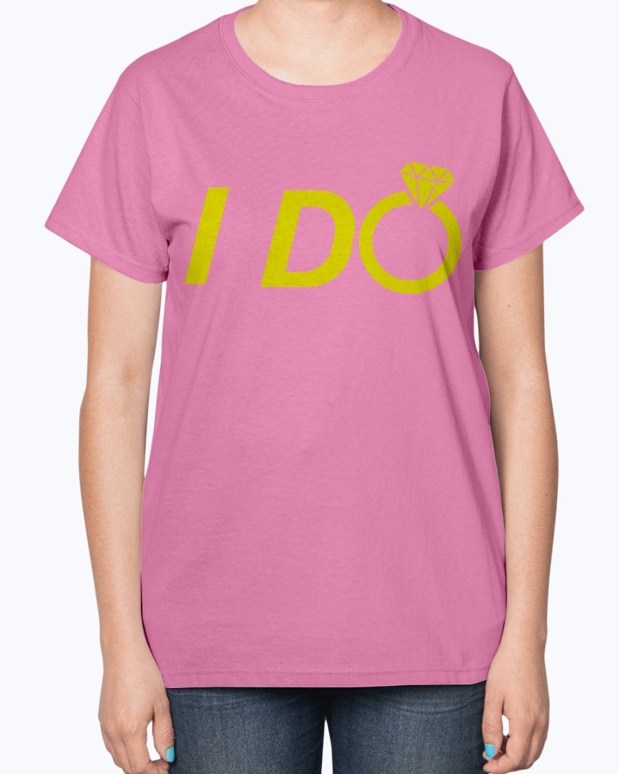 A stylish 'I Do' Bridal and Wedding Ladies T-Shirt featuring a feminine fit and soft cotton blend material, perfect for brides and bridal parties.