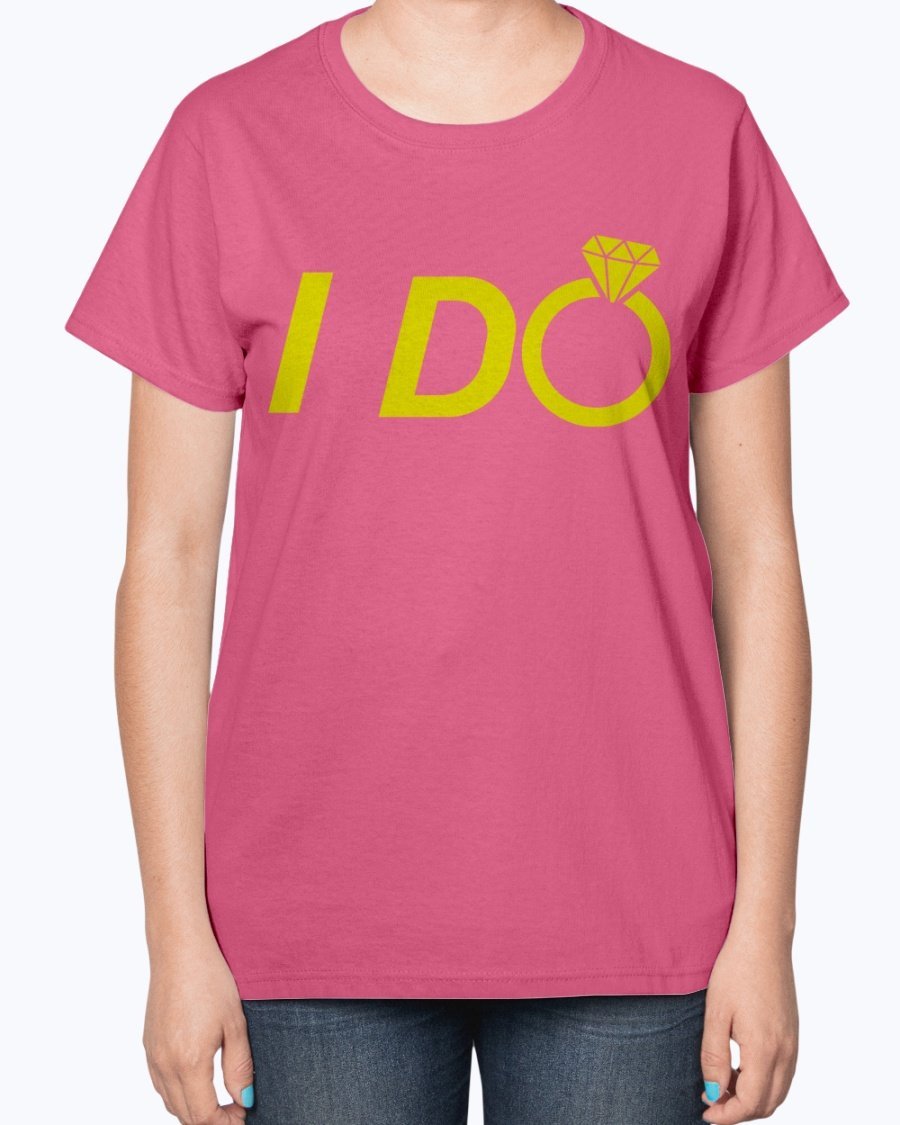 A stylish 'I Do' Bridal and Wedding Ladies T-Shirt featuring a feminine fit and soft cotton blend material, perfect for brides and bridal parties.