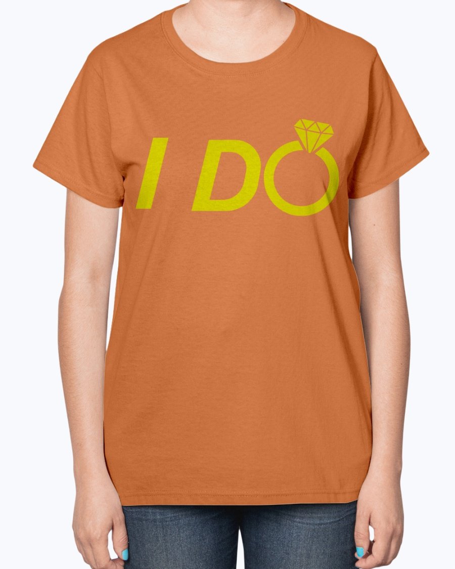 A stylish 'I Do' Bridal and Wedding Ladies T-Shirt featuring a feminine fit and soft cotton blend material, perfect for brides and bridal parties.