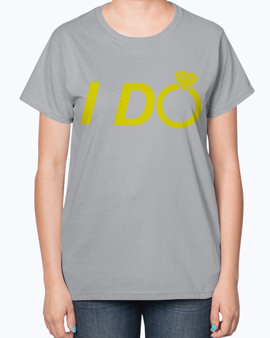 A stylish 'I Do' Bridal and Wedding Ladies T-Shirt featuring a feminine fit and soft cotton blend material, perfect for brides and bridal parties.