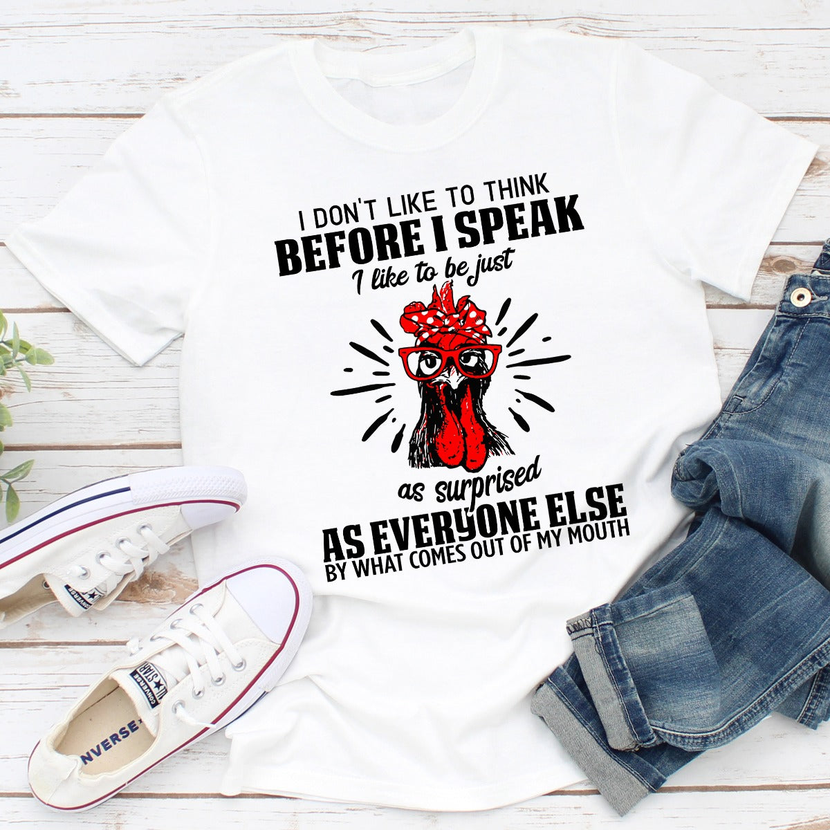 A comfortable and stylish 'I Don't Like To Think Before I Speak' T-Shirt made from soft ring-spun cotton, featuring a humorous statement.