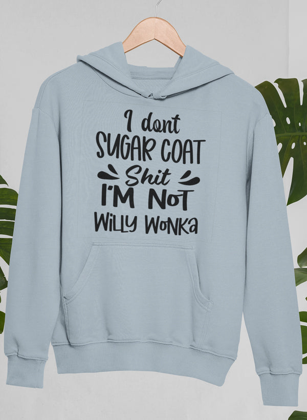 I Don't Sugar Coat Hoodie featuring a unique artistic design, adjustable hood, and cozy fleece lining, perfect for casual wear.