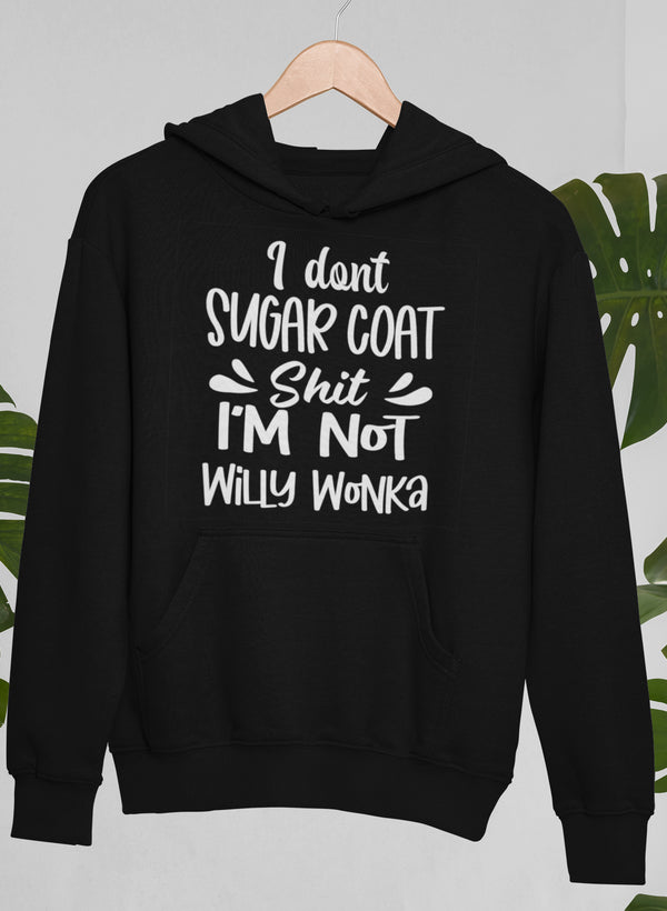 I Don't Sugar Coat Hoodie featuring a unique artistic design, adjustable hood, and cozy fleece lining, perfect for casual wear.