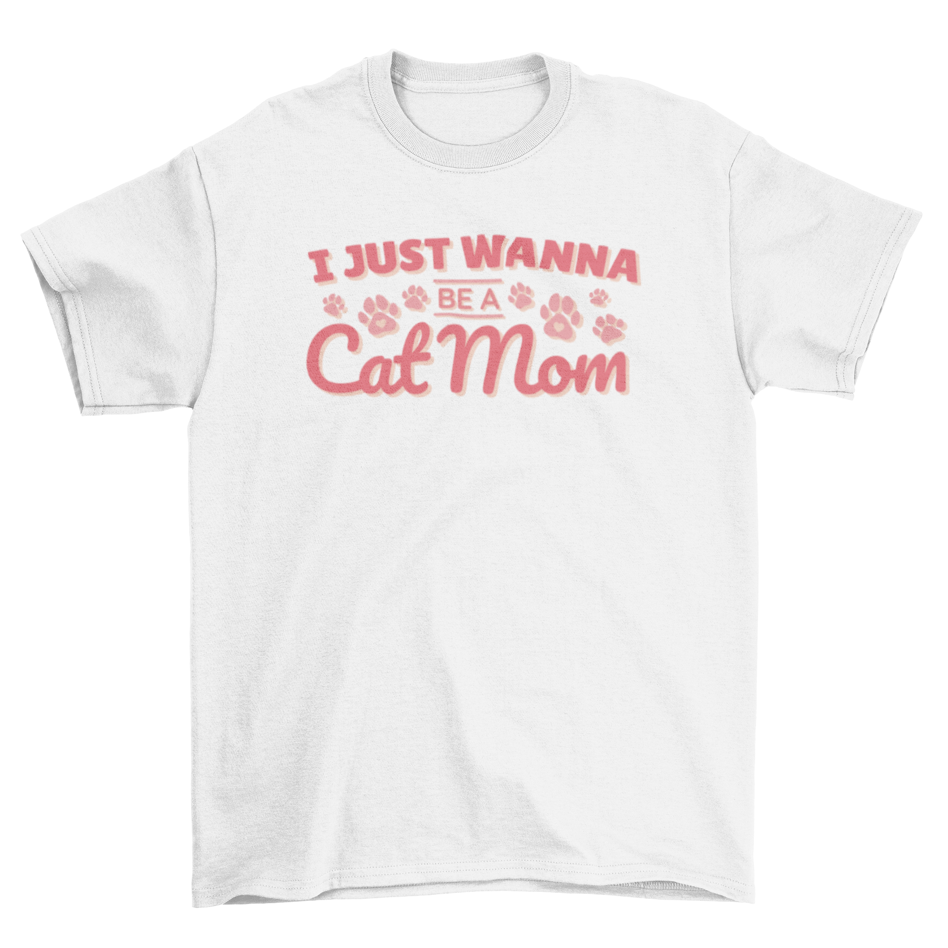 A stylish t-shirt featuring the quote 'I just wanna be a cat mom' surrounded by colorful floral designs.