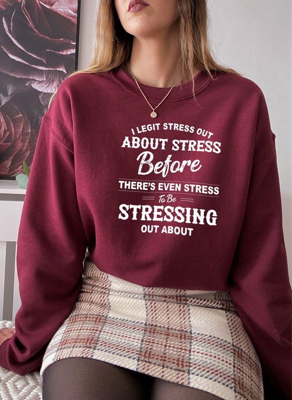 Cozy I Legit Stress Out About Stress hoodie featuring a unique design by top artists, made from cotton/poly fleece blend.
