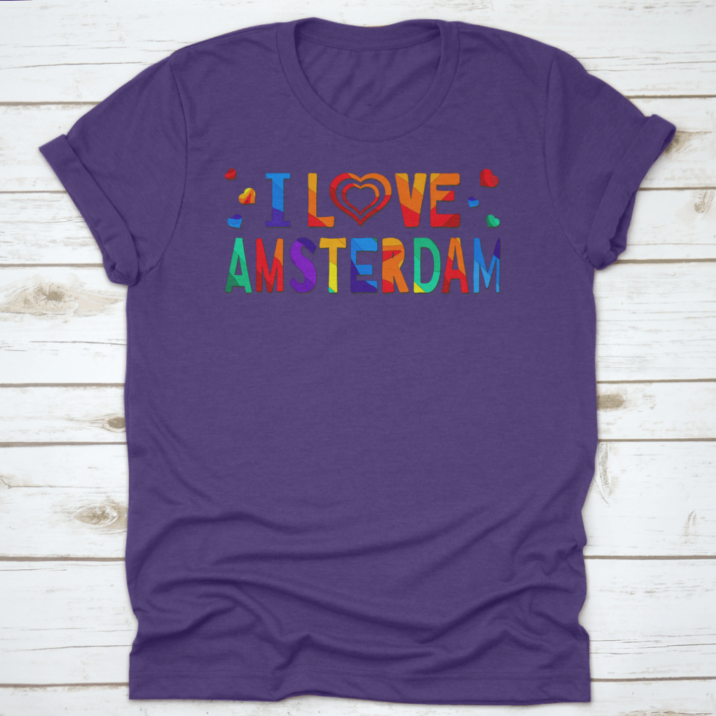 A colorful T-shirt featuring a funny cartoon inscription that says 'I Love Amsterdam', showcasing vibrant colors and a playful design.