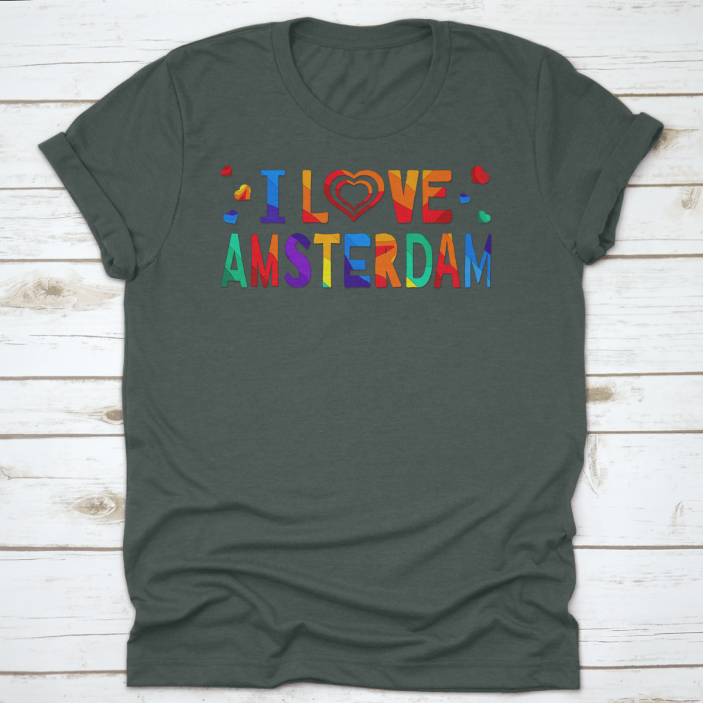 A colorful T-shirt featuring a funny cartoon inscription that says 'I Love Amsterdam', showcasing vibrant colors and a playful design.