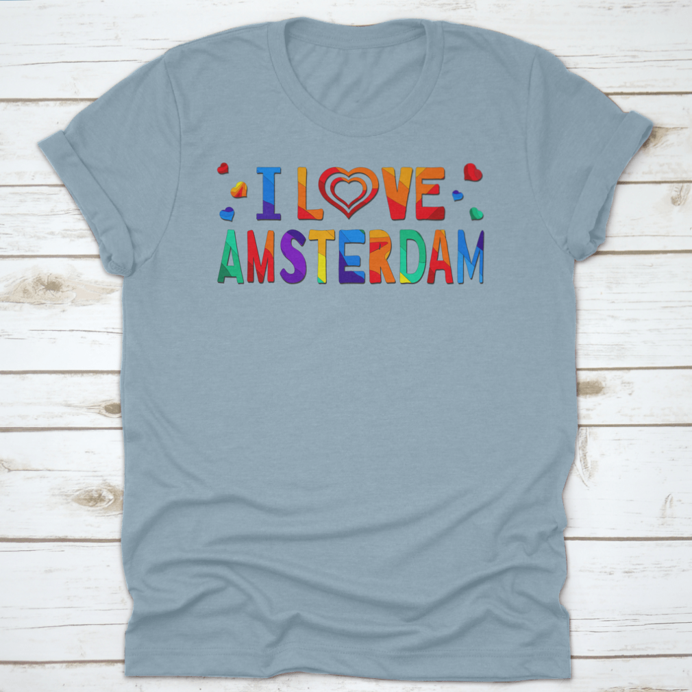A colorful T-shirt featuring a funny cartoon inscription that says 'I Love Amsterdam', showcasing vibrant colors and a playful design.