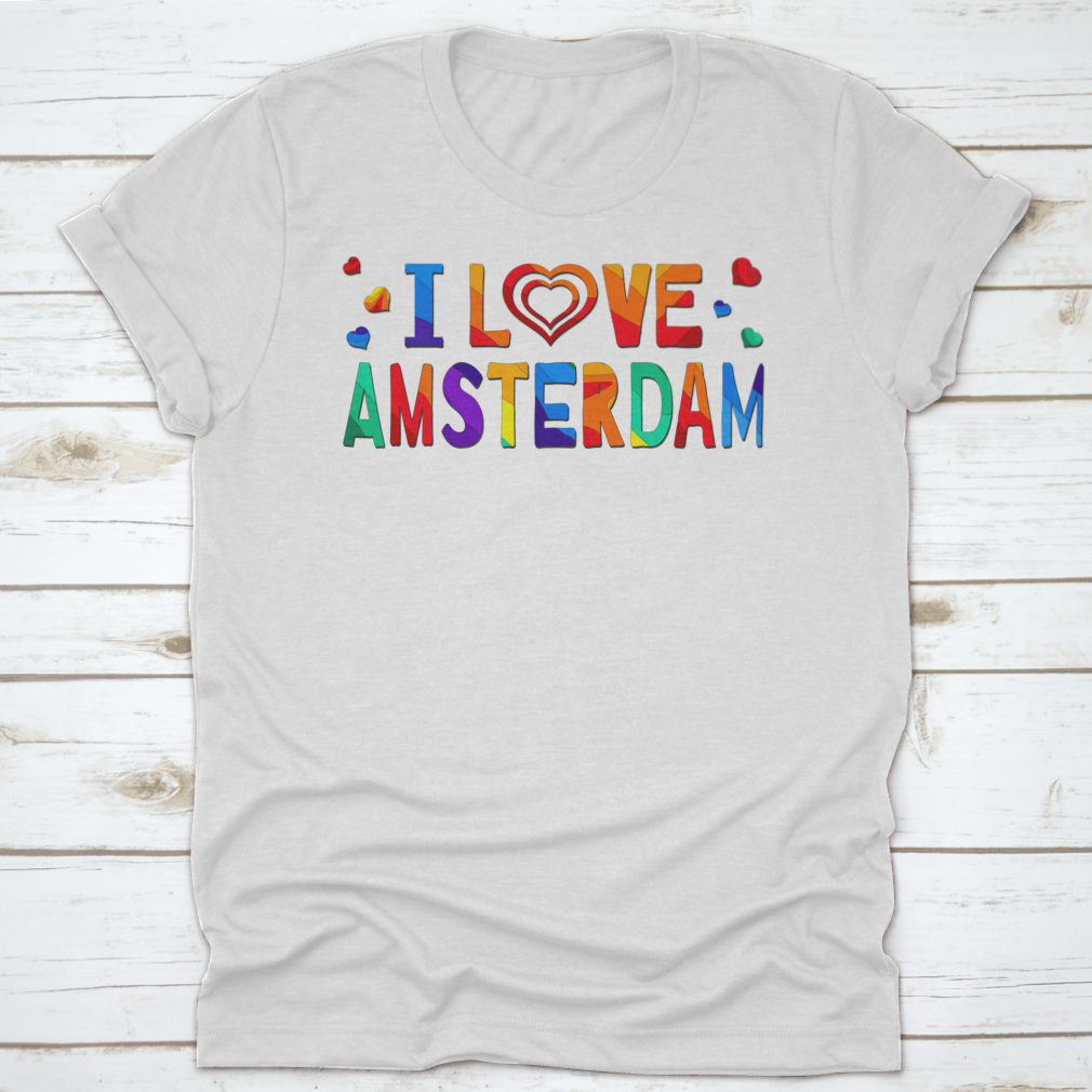 A colorful T-shirt featuring a funny cartoon inscription that says 'I Love Amsterdam', showcasing vibrant colors and a playful design.