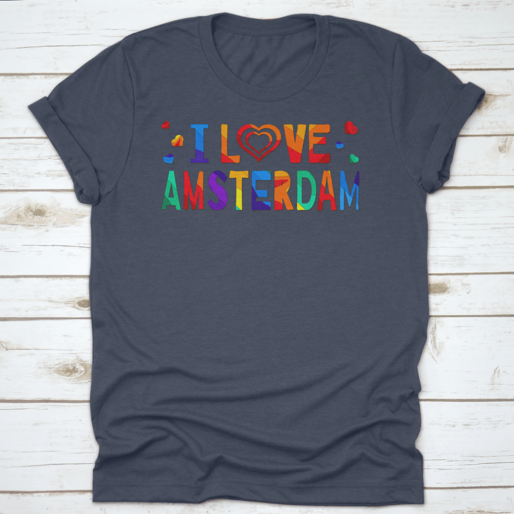 A colorful T-shirt featuring a funny cartoon inscription that says 'I Love Amsterdam', showcasing vibrant colors and a playful design.