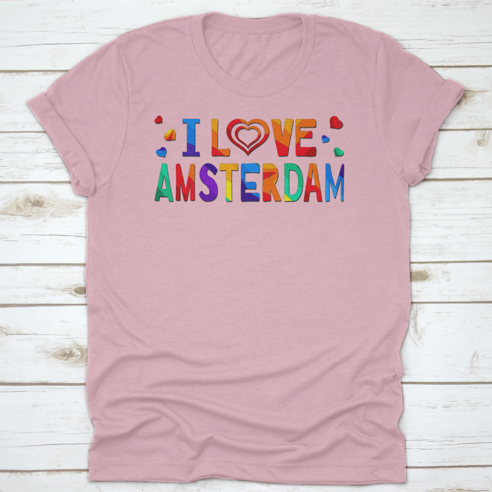 A colorful T-shirt featuring a funny cartoon inscription that says 'I Love Amsterdam', showcasing vibrant colors and a playful design.