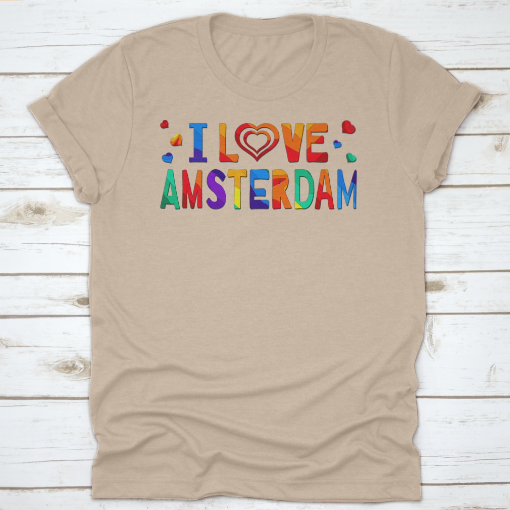 A colorful T-shirt featuring a funny cartoon inscription that says 'I Love Amsterdam', showcasing vibrant colors and a playful design.