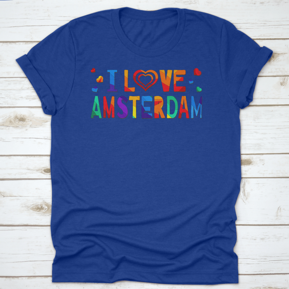 A colorful T-shirt featuring a funny cartoon inscription that says 'I Love Amsterdam', showcasing vibrant colors and a playful design.