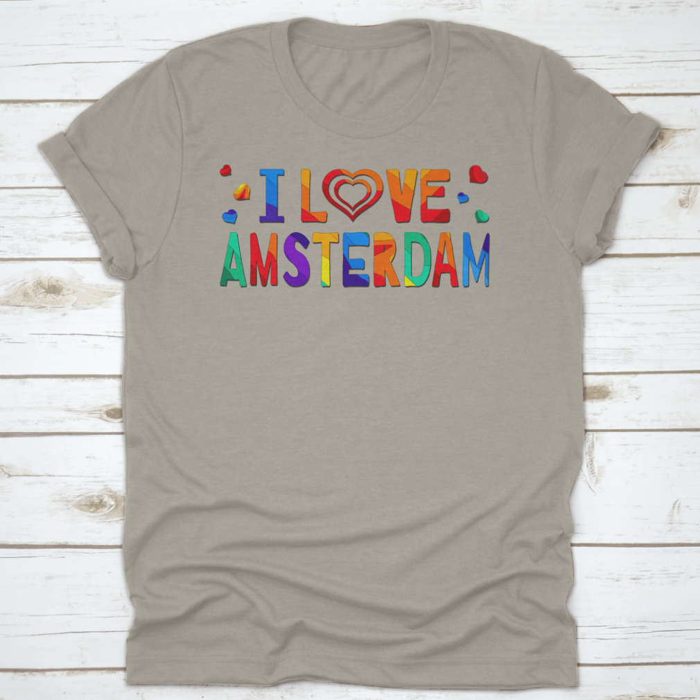 A colorful T-shirt featuring a funny cartoon inscription that says 'I Love Amsterdam', showcasing vibrant colors and a playful design.