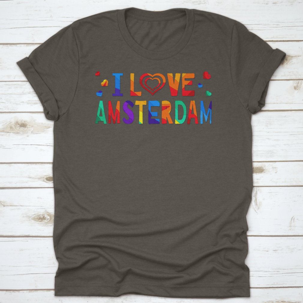 A colorful T-shirt featuring a funny cartoon inscription that says 'I Love Amsterdam', showcasing vibrant colors and a playful design.