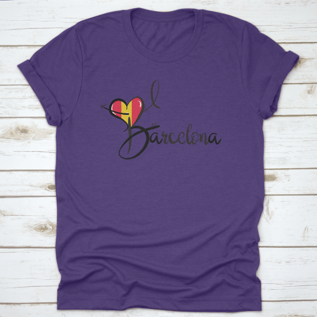 I Love Barcelona text print design featuring a heart shape and elegant calligraphy on a cotton fabric.
