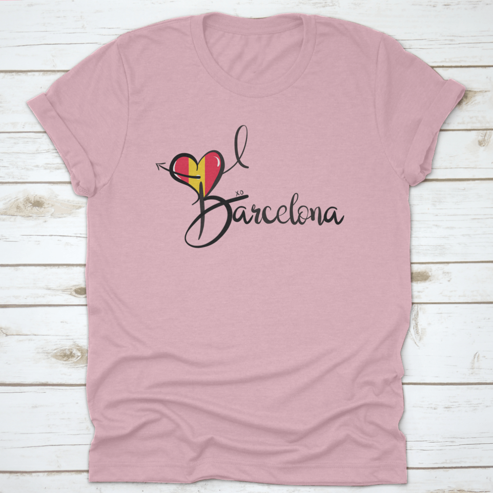 I Love Barcelona text print design featuring a heart shape and elegant calligraphy on a cotton fabric.