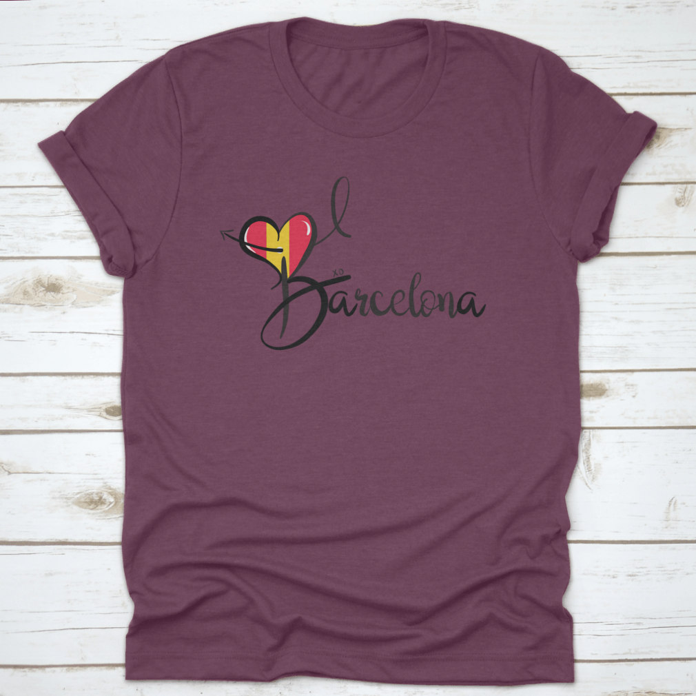 I Love Barcelona text print design featuring a heart shape and elegant calligraphy on a cotton fabric.