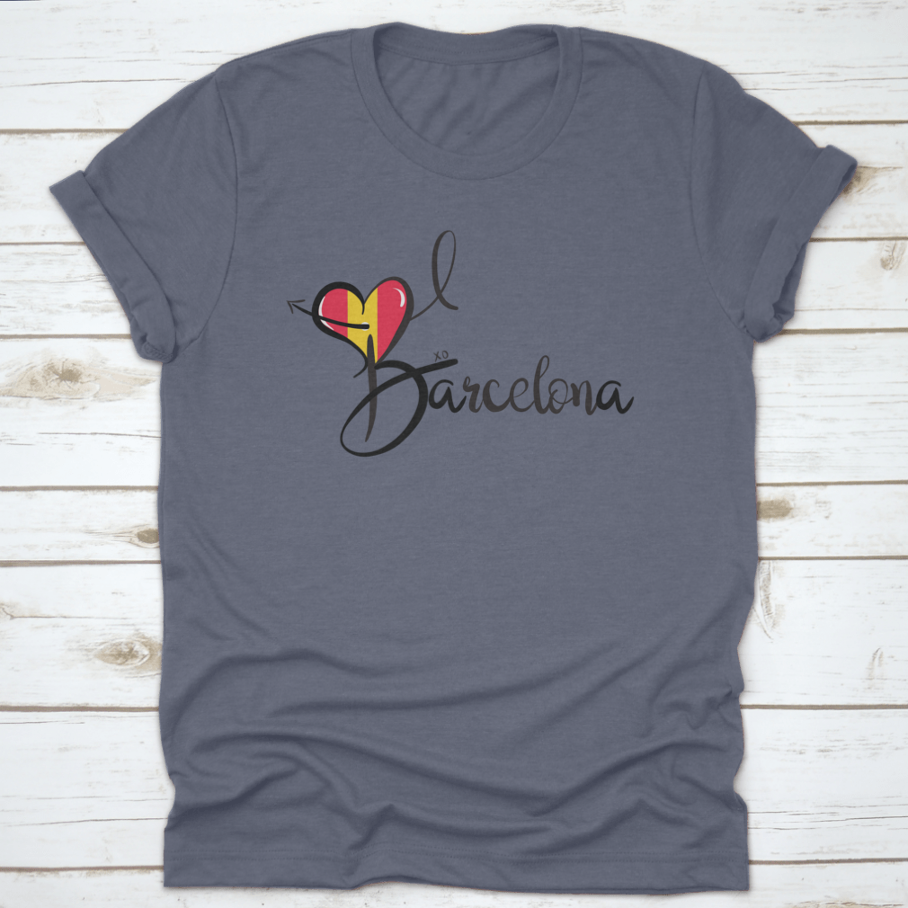 I Love Barcelona text print design featuring a heart shape and elegant calligraphy on a cotton fabric.