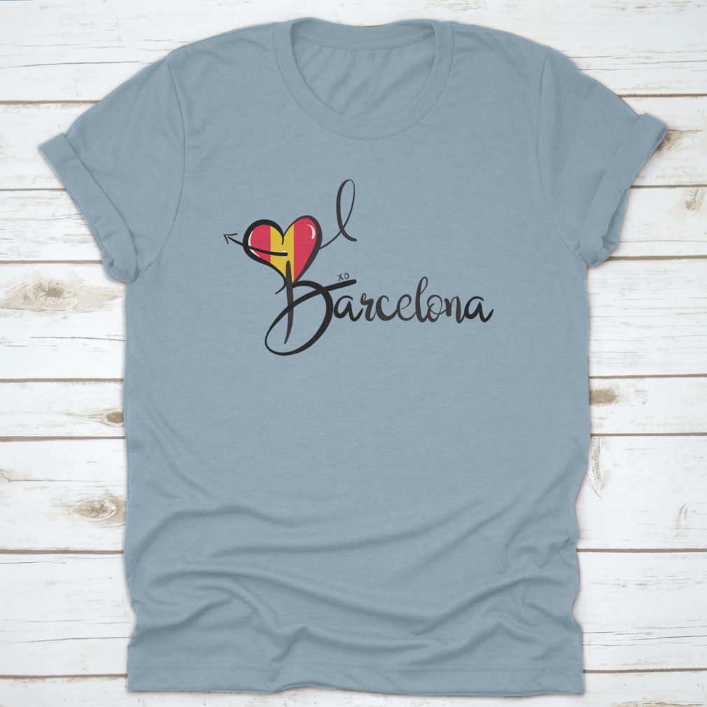 I Love Barcelona text print design featuring a heart shape and elegant calligraphy on a cotton fabric.