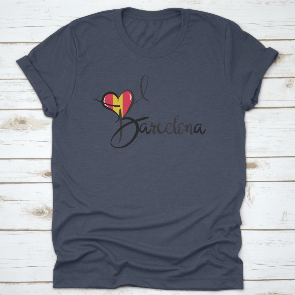 I Love Barcelona text print design featuring a heart shape and elegant calligraphy on a cotton fabric.