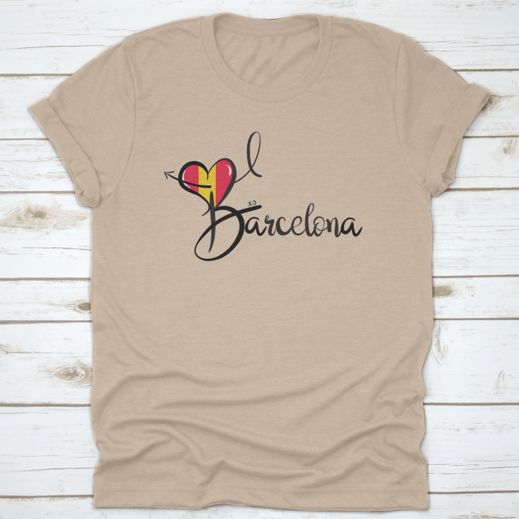 I Love Barcelona text print design featuring a heart shape and elegant calligraphy on a cotton fabric.