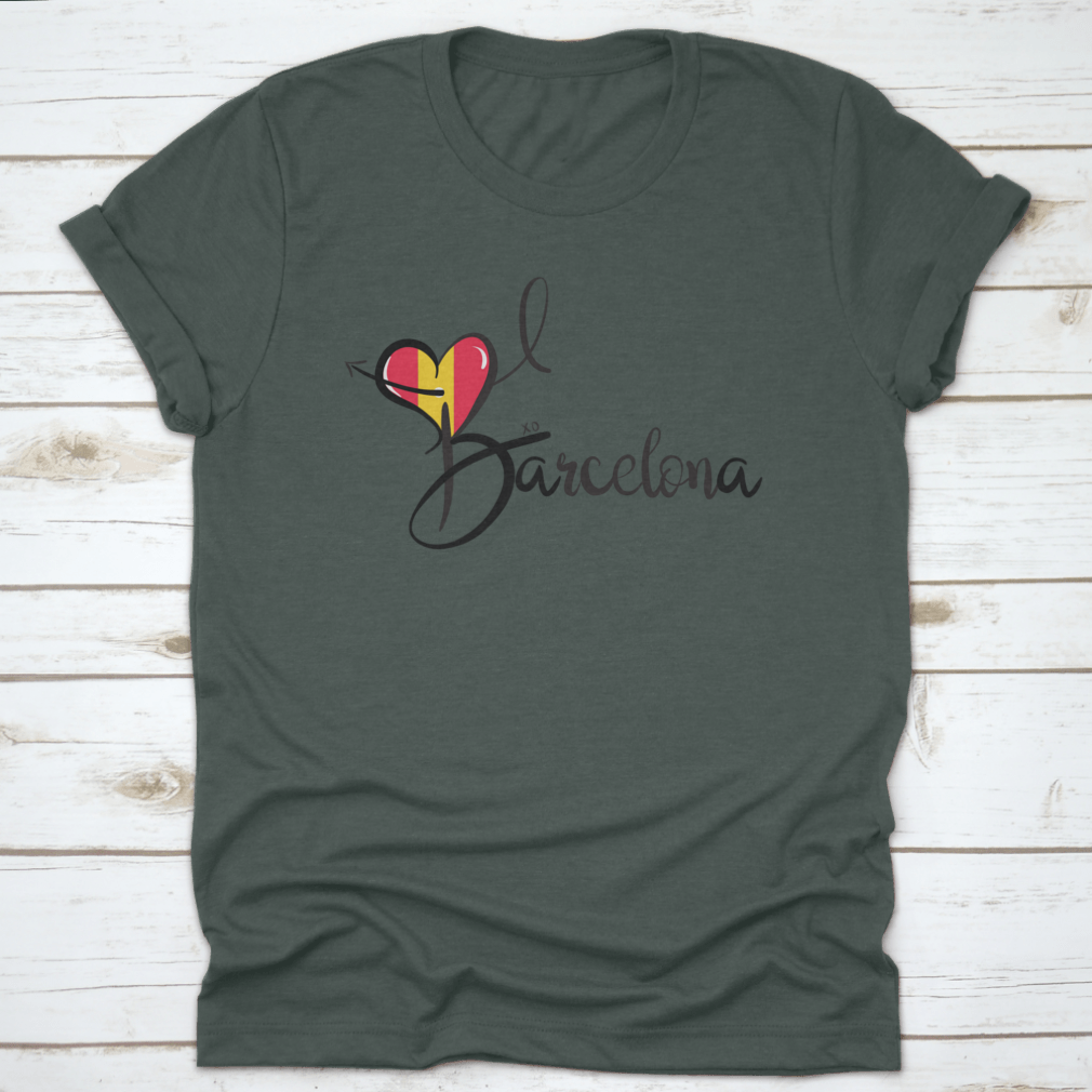 I Love Barcelona text print design featuring a heart shape and elegant calligraphy on a cotton fabric.