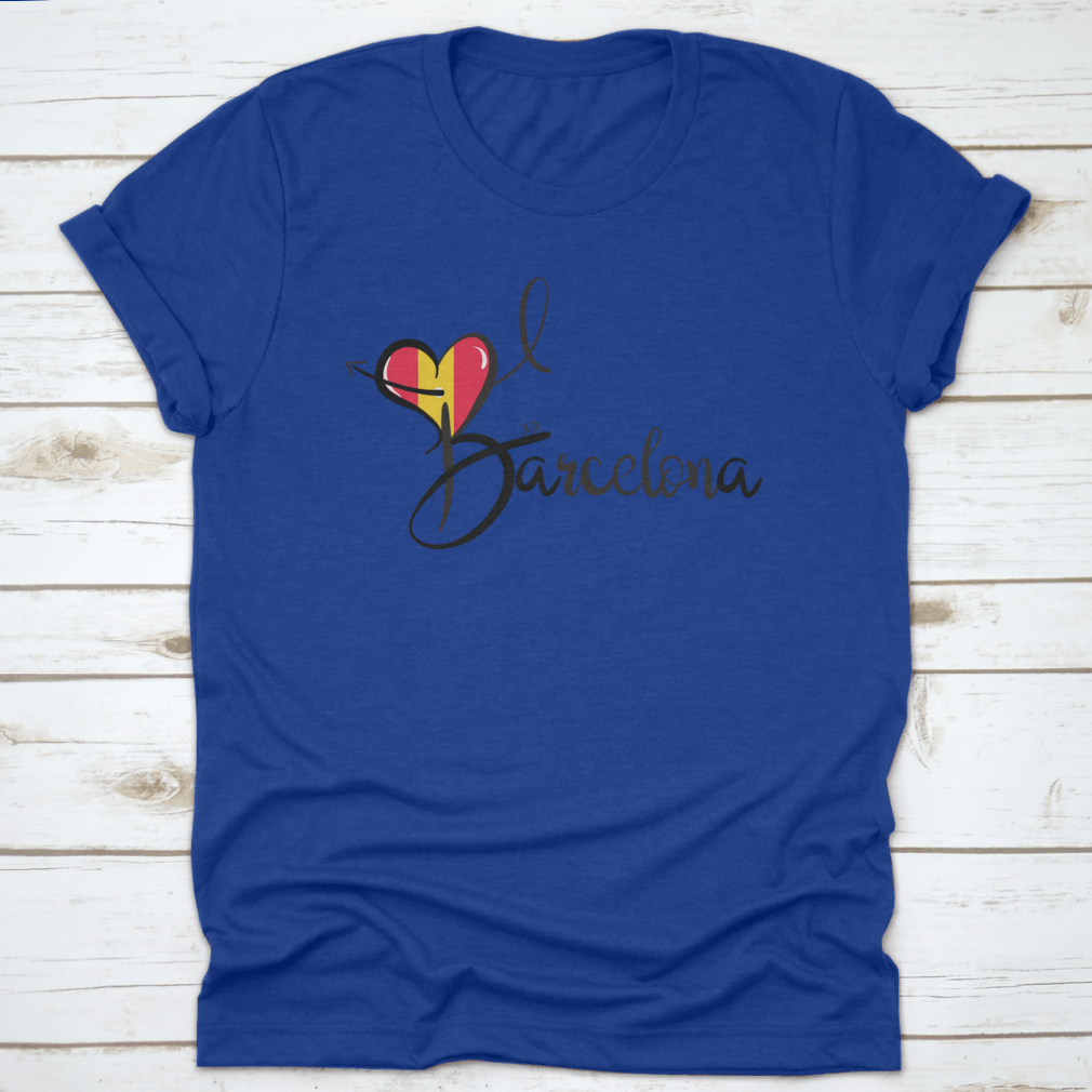 I Love Barcelona text print design featuring a heart shape and elegant calligraphy on a cotton fabric.