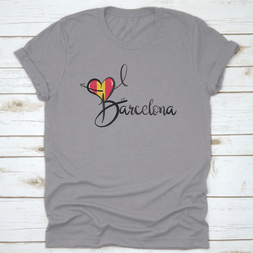 I Love Barcelona text print design featuring a heart shape and elegant calligraphy on a cotton fabric.