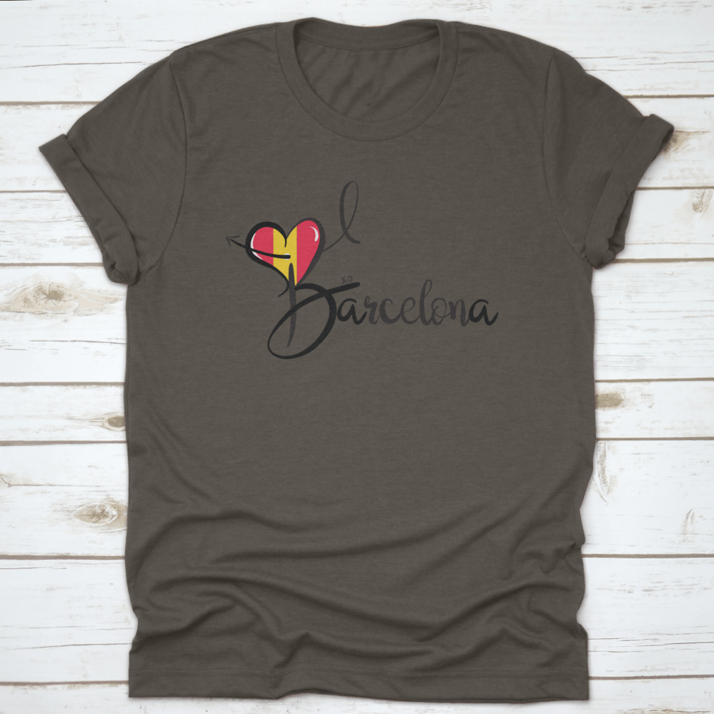 I Love Barcelona text print design featuring a heart shape and elegant calligraphy on a cotton fabric.