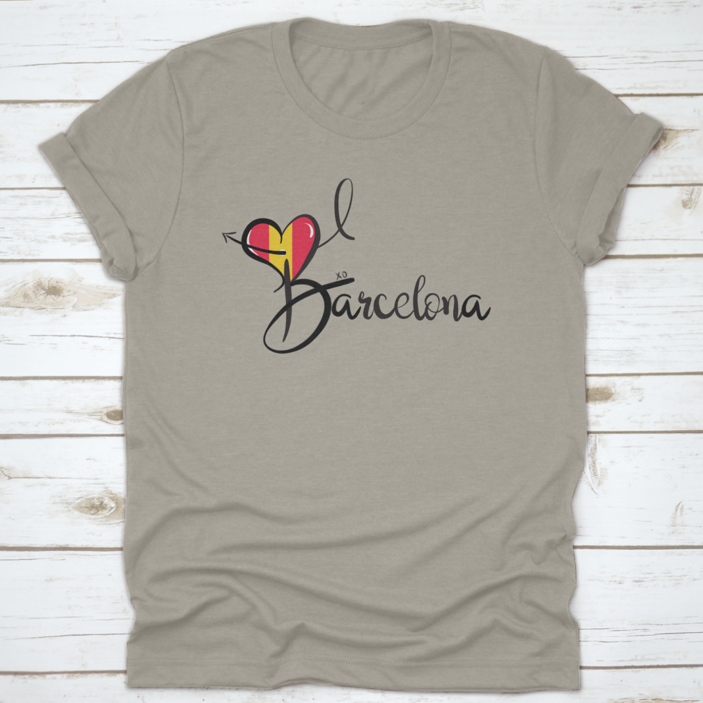 I Love Barcelona text print design featuring a heart shape and elegant calligraphy on a cotton fabric.