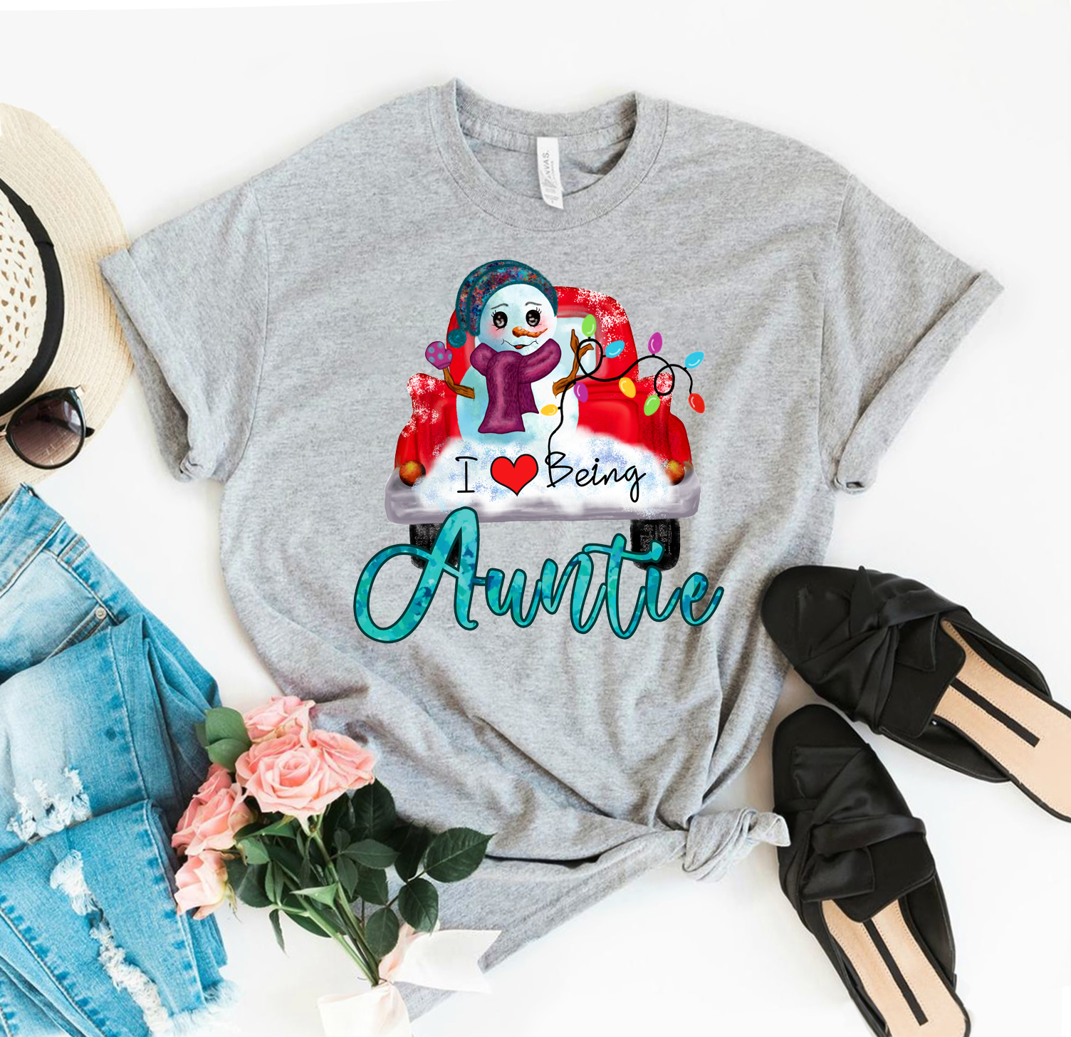 I Love Being Auntie Christmas T-shirt in festive design, showcasing premium quality cotton and vibrant print.