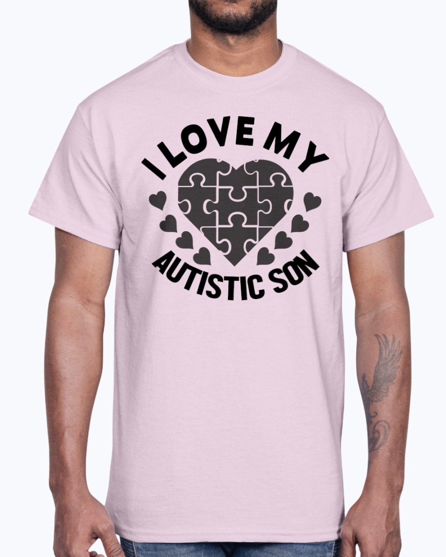 A black cotton tee featuring the text 'I Love My Autistic Son' in bold letters, promoting autism awareness.
