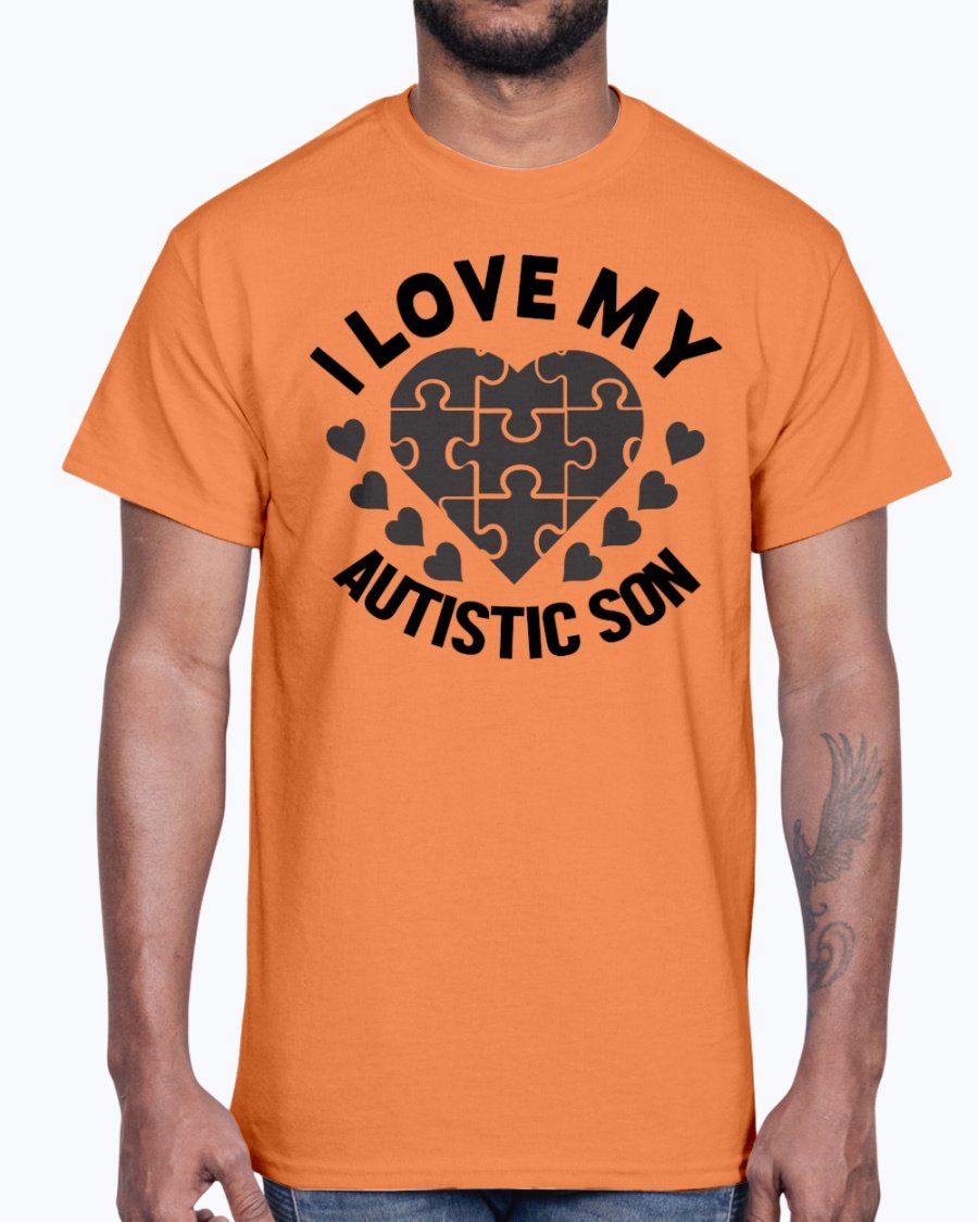 A black cotton tee featuring the text 'I Love My Autistic Son' in bold letters, promoting autism awareness.