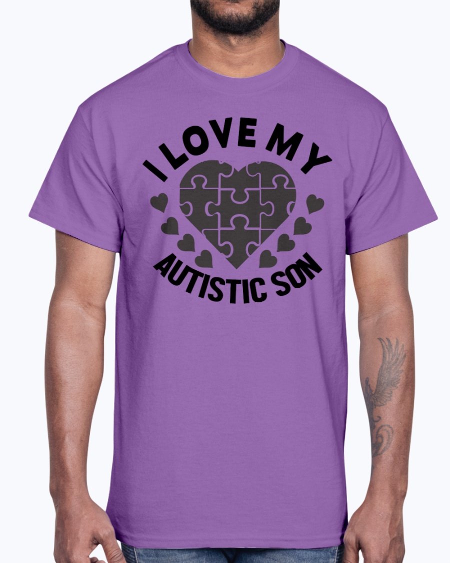 A black cotton tee featuring the text 'I Love My Autistic Son' in bold letters, promoting autism awareness.