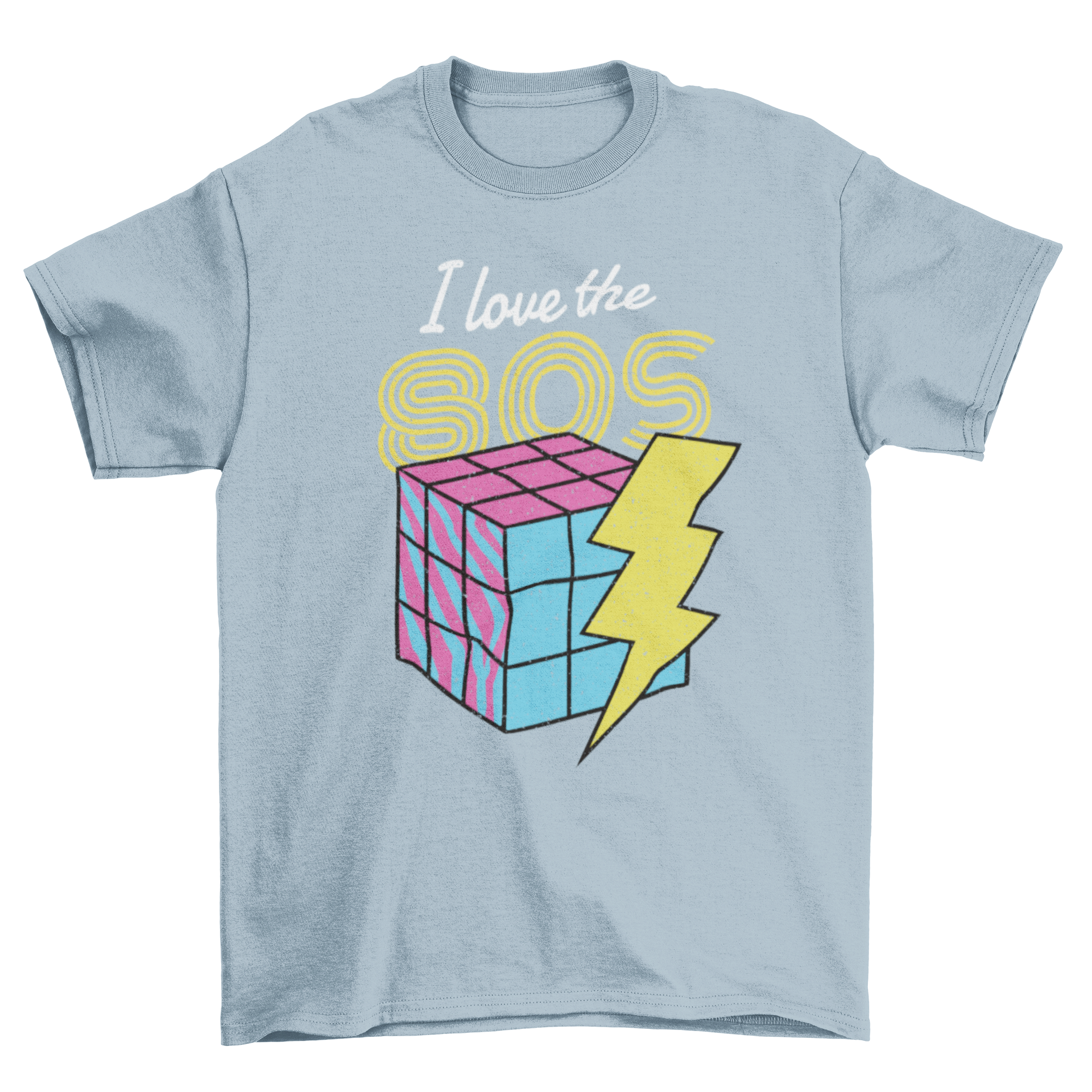 I Love The 80s T-shirt featuring a colorful Rubik's Cube design and bold text.