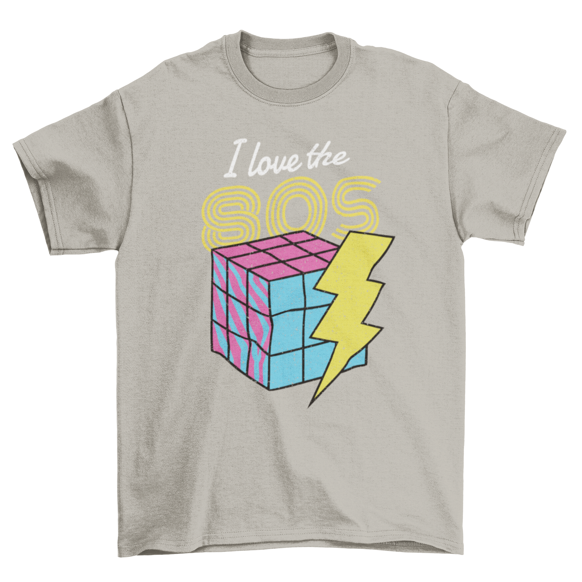 I Love The 80s T-shirt featuring a colorful Rubik's Cube design and bold text.