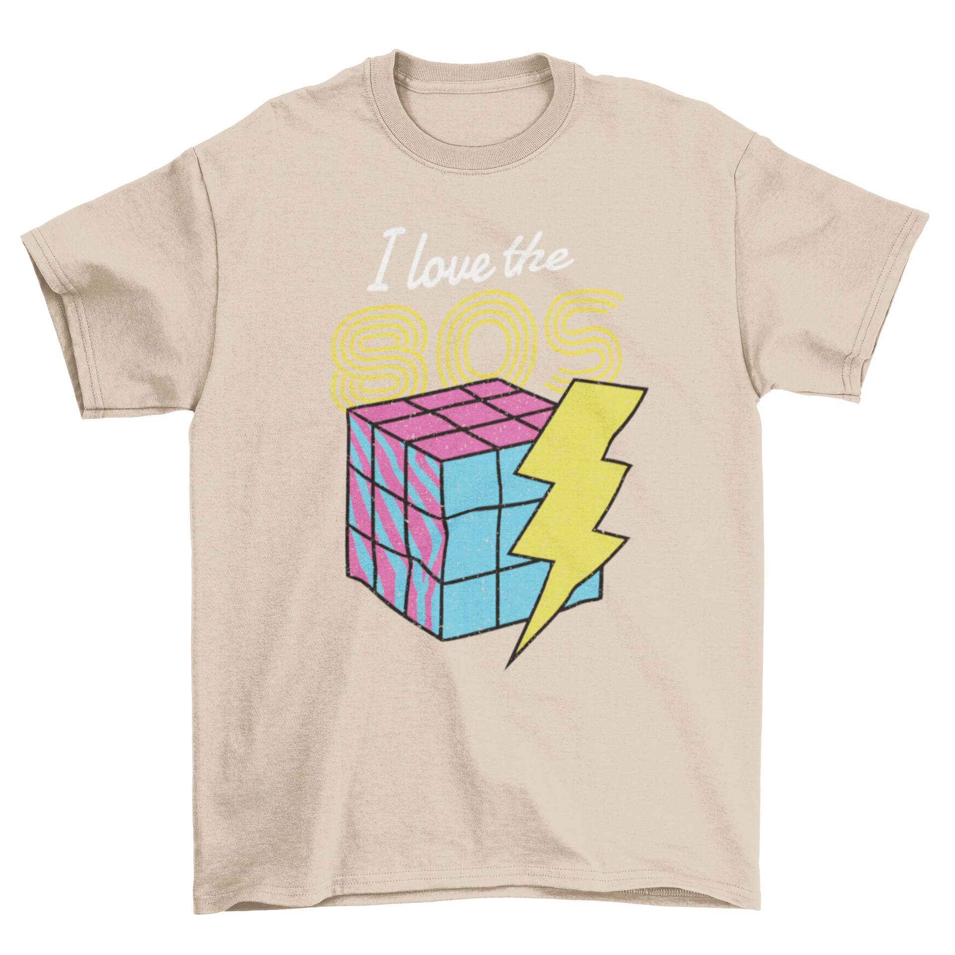 I Love The 80s T-shirt featuring a colorful Rubik's Cube design and bold text.