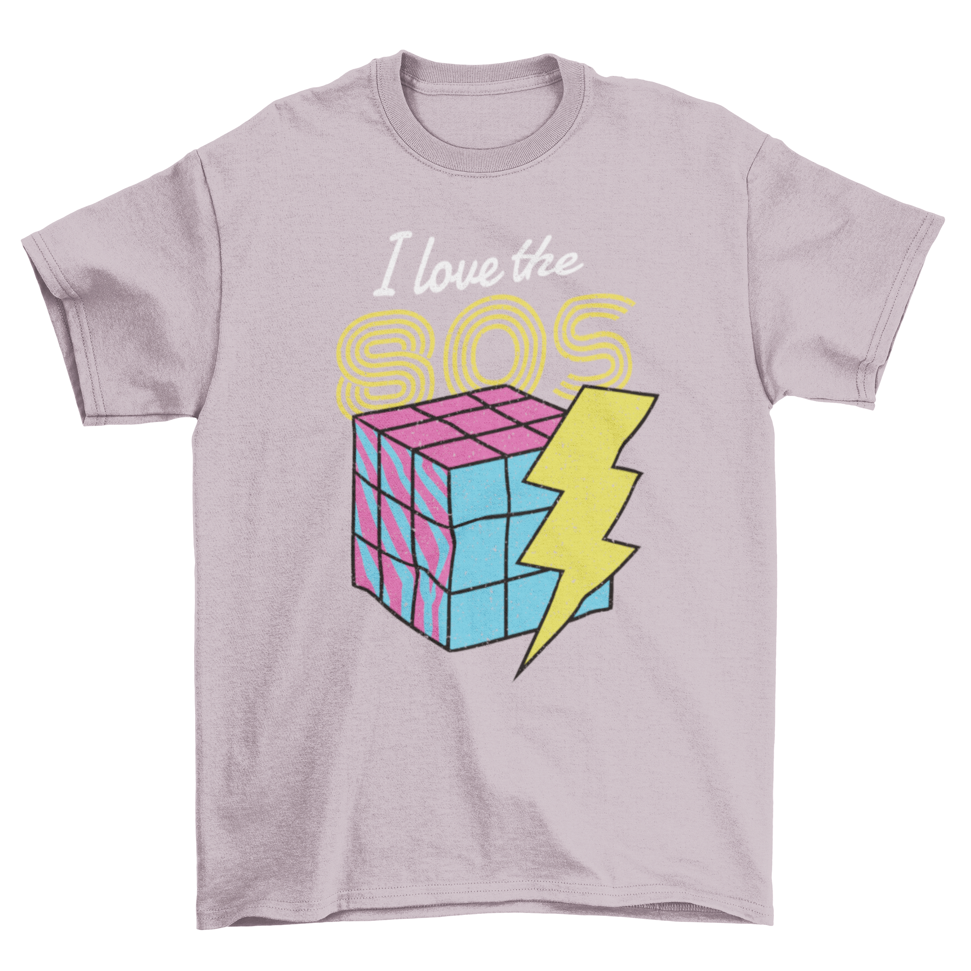 I Love The 80s T-shirt featuring a colorful Rubik's Cube design and bold text.